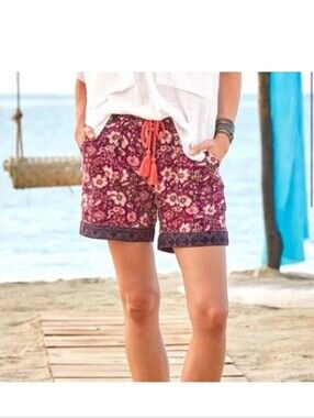 Nwt Sundance Kalini Linen Cargo Shorts S Drawstring Floral Maroon Boho Hippie